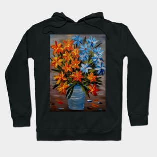 some abstract orchids in red and yellow and. Blue and white and I love the vase in glass and metallic finish on it Hoodie